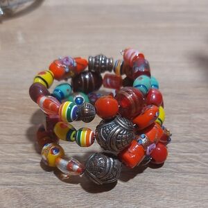 Vibrant Multicolor Ceramuc Glass And Lampwork Glass Beaded Wire Coil Bracelet